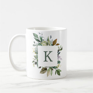 Elegant Botanical Greenery Frame Monogram Coffee Mug