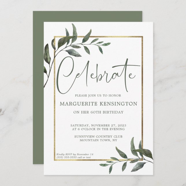 Elegant Botanical Greenery Gold Foil 60th Birthday Invitation (Front/Back)