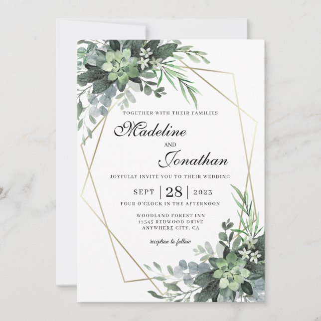 Elegant Botanical Greenery Gold Geometric Wedding  Invitation (Front)