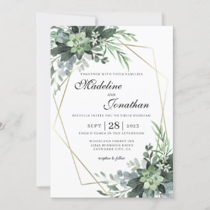 Elegant Botanical Greenery Gold Geometric Wedding  Invitation