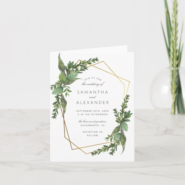 Elegant Botanical Greenery Gold Geometric Wedding Invitation (Front)