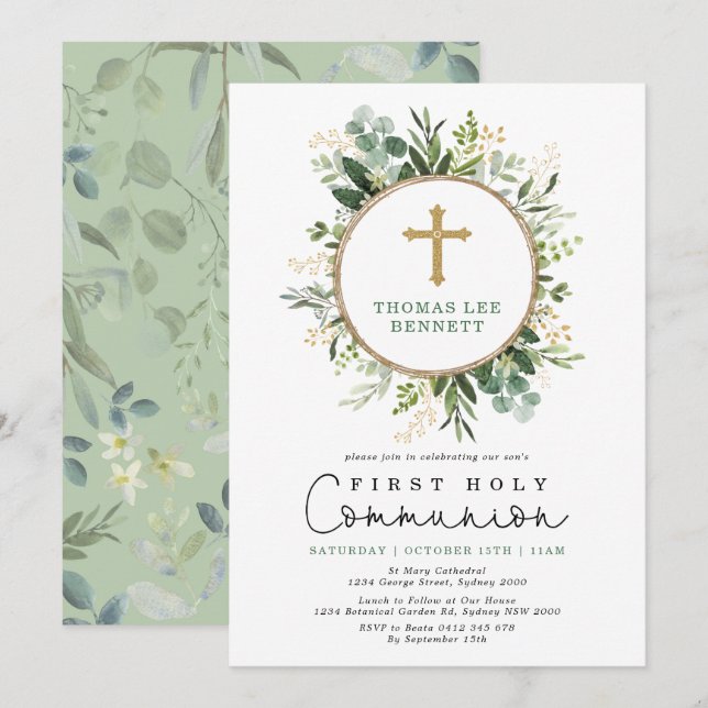 Elegant Botanical Greenery Gold Holy Communion Invitation (Front/Back)