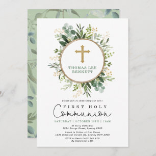 Elegant Botanical Greenery Gold Holy Communion Invitation