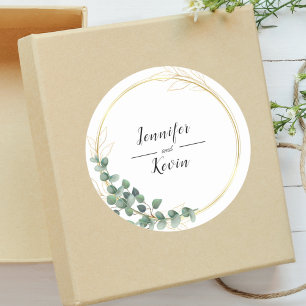 Elegant Botanical Greenery Gold Leaf Wedding Favou Classic Round Sticker