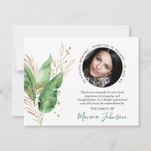 Elegant Botanical Greenery & Gold Photo Funeral Thank You Card