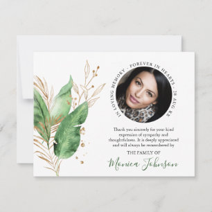 Elegant Botanical Greenery & Gold Photo Funeral Thank You Card