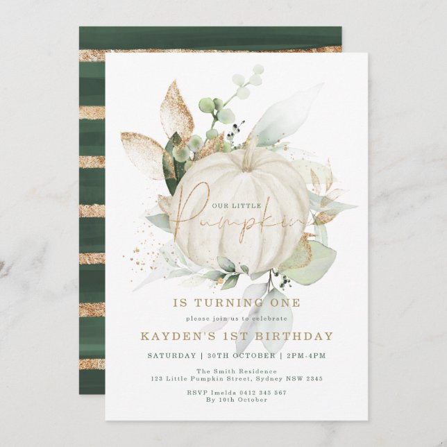 Elegant Botanical Greenery Gold Pumpkin Birthday Invitation (Front/Back)