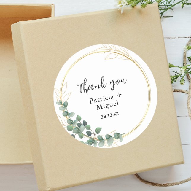 Elegant Botanical Greenery Gold Wedding Thank You Classic Round Sticker (Creator Uploaded)