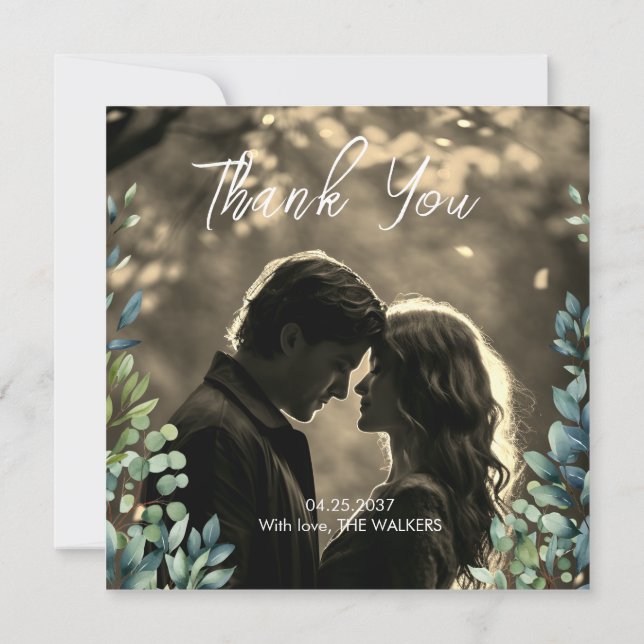 Elegant botanical greenery leaves Photo Wedding Thank You Card (Back)