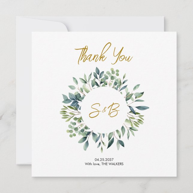 Elegant botanical greenery leaves Wedding Thank You Card (Back)