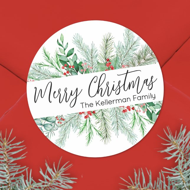 Elegant Botanical Greenery Merry Christmas  Classic Round Sticker (Elegant Bontanical Greenery Merry Christmas Classic Round Sticker)