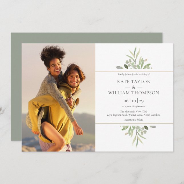 Elegant Botanical Greenery Photo Wedding Invitation (Front/Back)