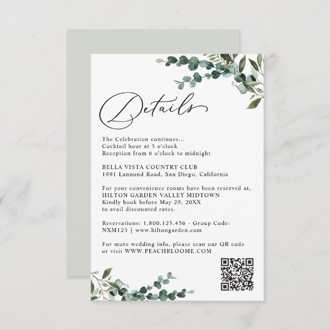 Elegant Botanical Greenery QR Code Wedding Details Enclosure Card (Front/Back)