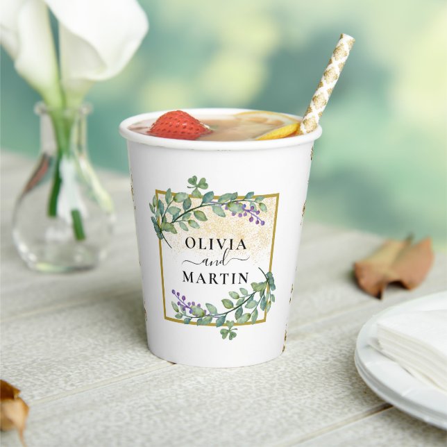 Elegant Botanical Greenery Vibe Wedding Paper Cup (Insitu)
