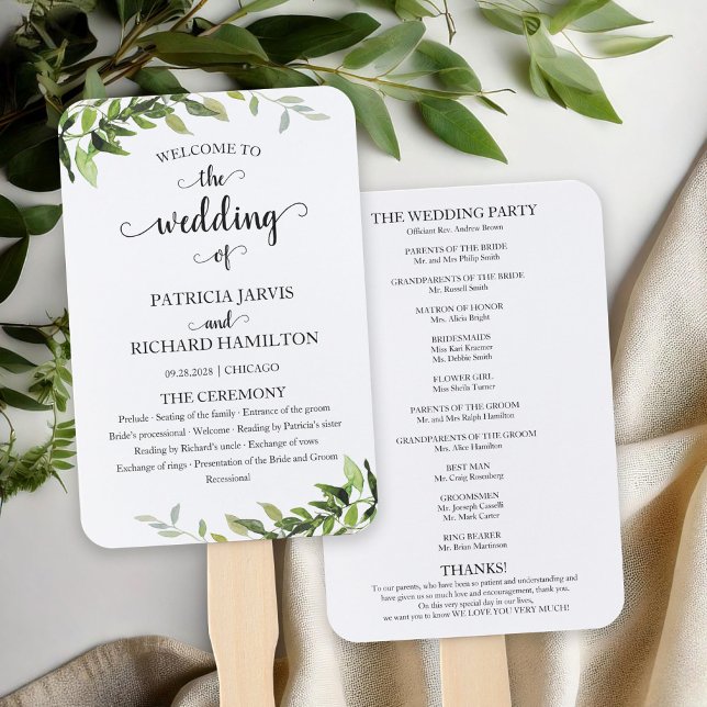Elegant Botanical Greenery Wedding Program Hand Fan (Creator Uploaded)