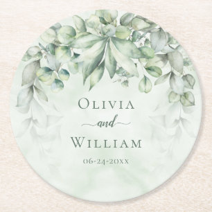 Elegant Botanical Greenery Wedding Round Paper Coaster