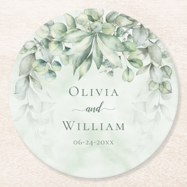 Elegant Botanical Greenery Wedding Round Paper Coaster (Front)