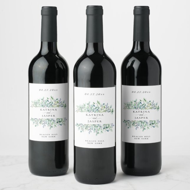 Elegant Botanical Greenery Wedding Wine Label (Bottles)