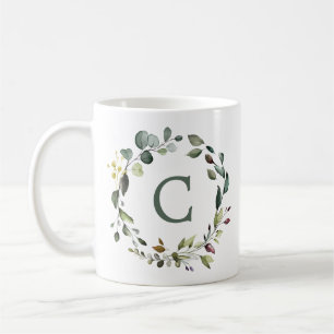 Elegant Botanical Greenery Wreath Monogram Coffee Mug