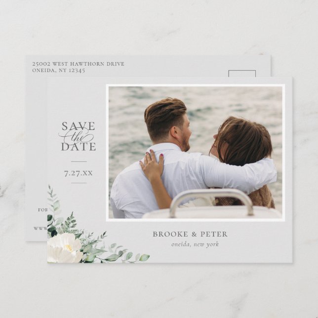 Elegant Botanical Grey Save The Date Announcement Postcard (Front/Back)