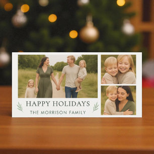 Elegant Botanical Happy Holidays Family 3 Photo Holiday Card
