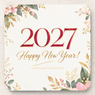 Elegant Botanical Happy New Year Greeting slyte Coaster