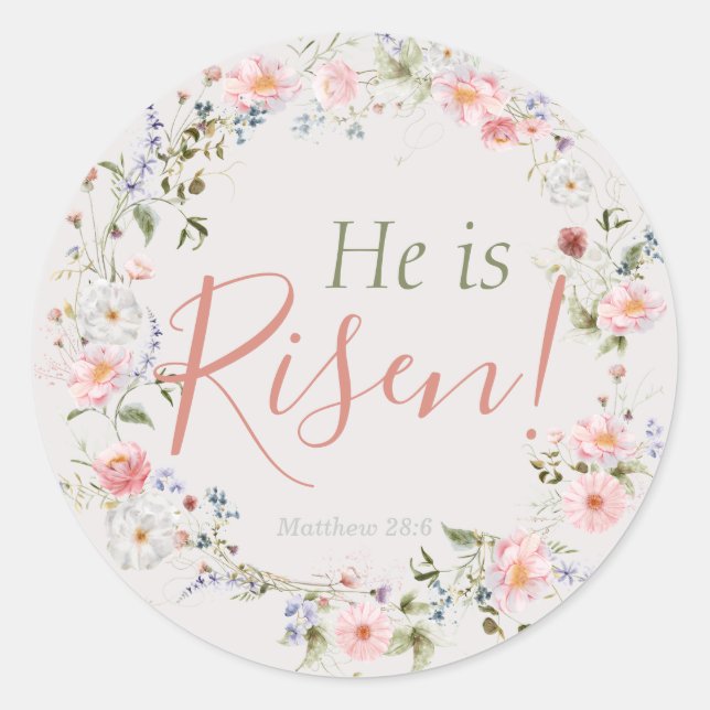 Elegant Botanical 'He is Risen' Christian Easter Classic Round Sticker (Front)