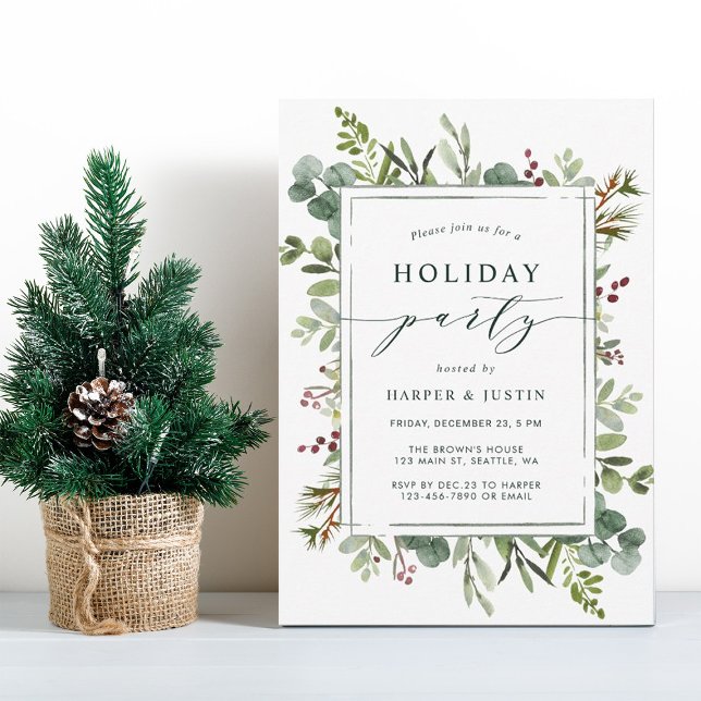 Elegant Botanical Holiday Party Green Flat Invitation (Creator Uploaded)