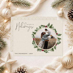 Elegant Botanical Holly Family Photo Christmas Holiday Card