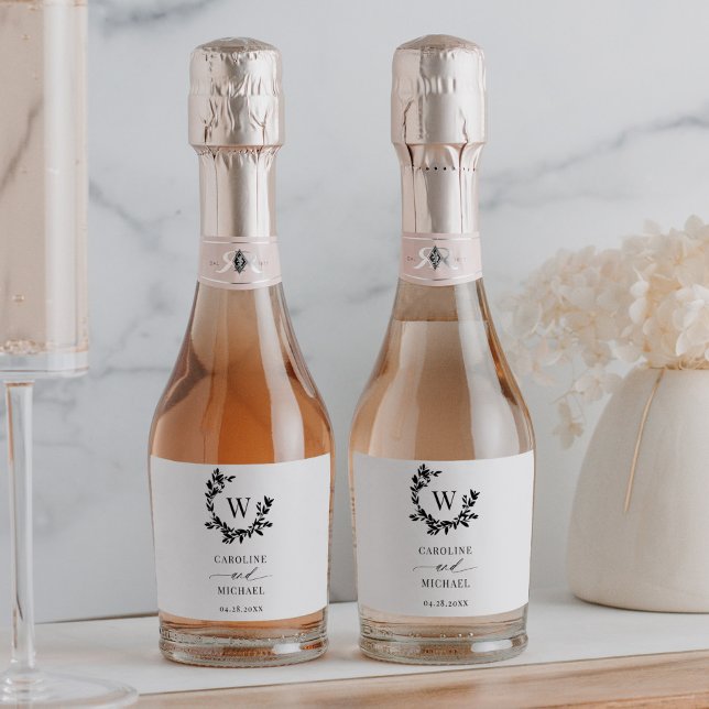 Elegant Botanical Initial Monogram Wedding Sparkling Wine Label (Creator Uploaded)