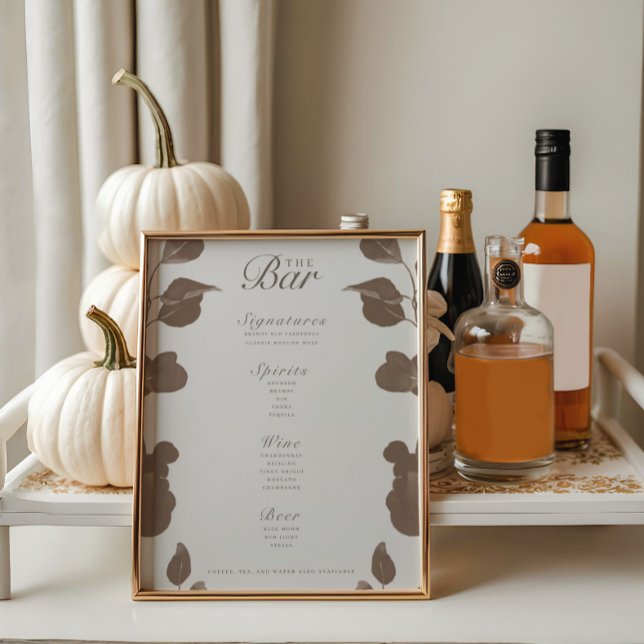 Elegant Botanical Ivory & Ash Wedding Bar Menu (Creator Uploaded)