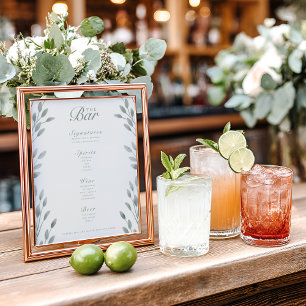 Elegant Botanical Ivory & Sage Wedding Bar Menu