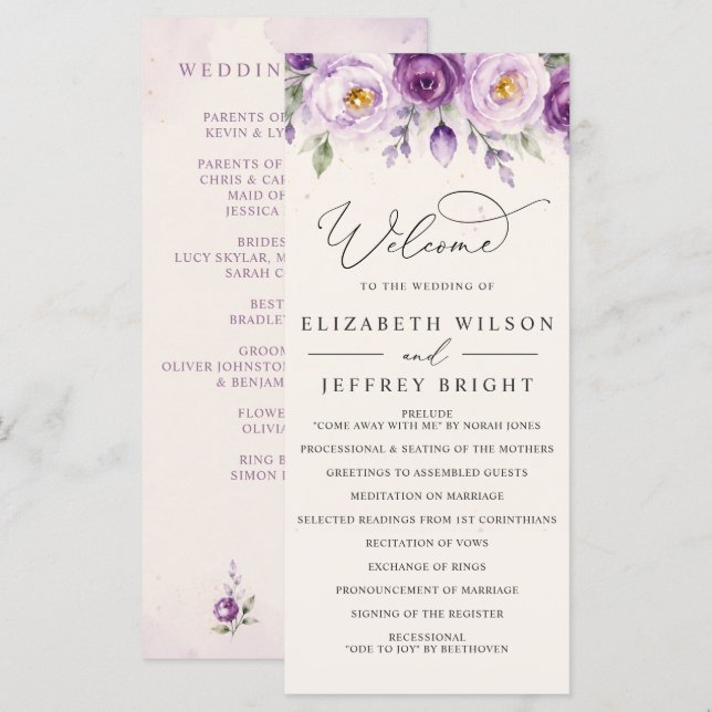 Elegant Botanical Lavender Purple Floral Wedding Programme (Front/Back)