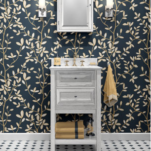Elegant Botanical Leaf Branch Pattern Dark Navy Wallpaper