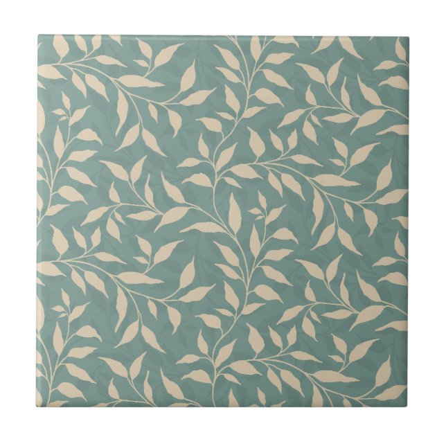 Elegant Botanical Leaf Dance Foliage Beige Teal Tile (Front)
