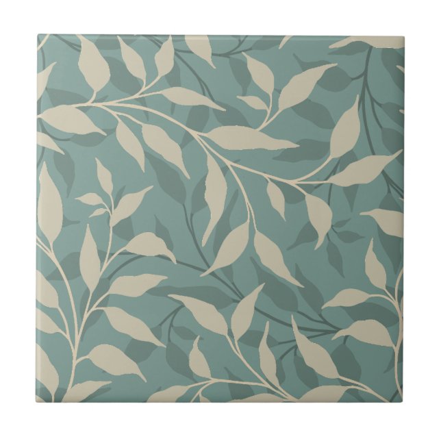 Elegant Botanical Leaf Dance Foliage HD Beige Teal Tile (Front)