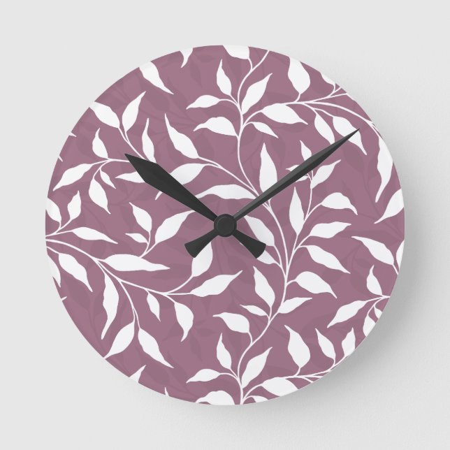 Elegant Botanical Leaf Dance Foliage HD White Plum Round Clock (Front)