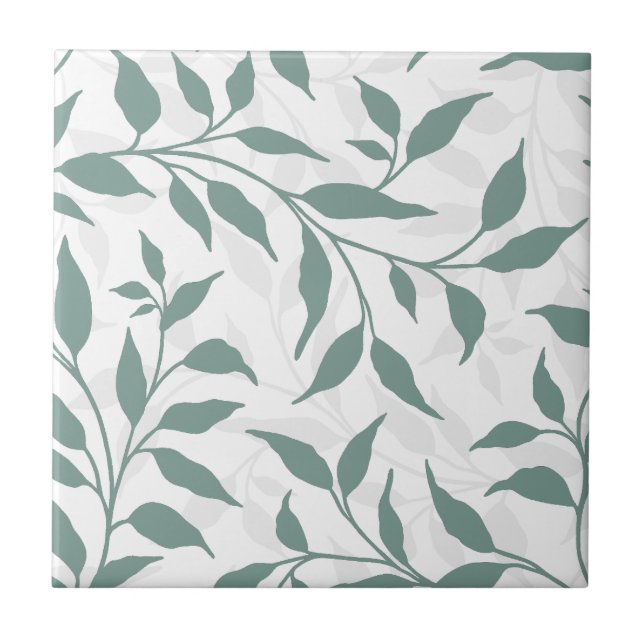 Elegant Botanical Leaf Dance Foliage HD White Teal Tile (Front)