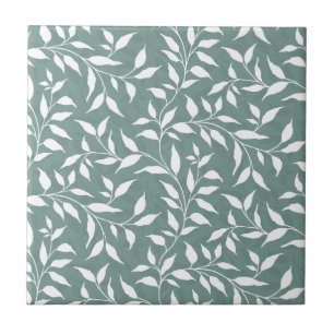 Elegant Botanical Leaf Dance Foliage White Teal Tile