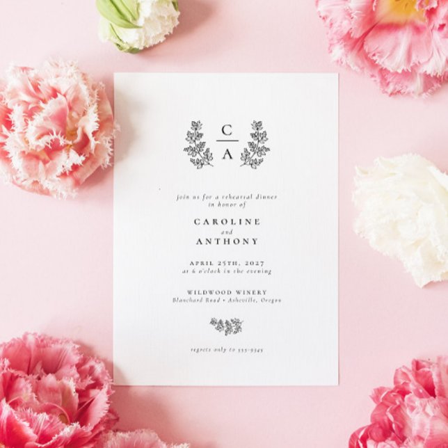 Elegant Botanical Leaf Monogram Rehearsal Dinner Invitation (Creator Uploaded)