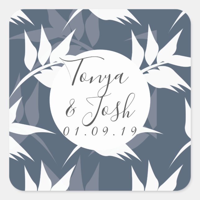 Elegant Botanical Leaf Navy White Pattern Wedding Square Sticker (Front)