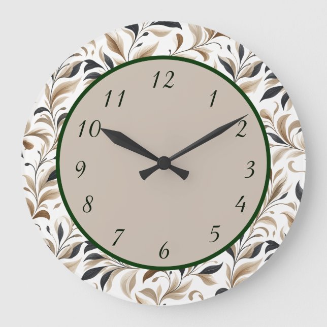 Elegant Botanical Leaf Pattern Design Large Clock (Front)