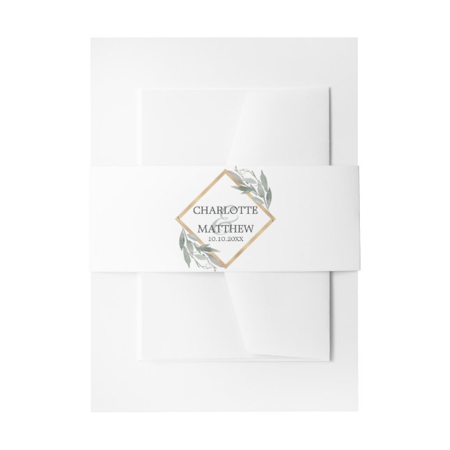 Elegant Botanical Leaf Sage Green Gold Wedding Invitation Belly Band (Front Example)
