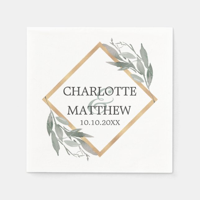 Elegant Botanical Leaf Sage Green Gold Wedding Napkin (Front)