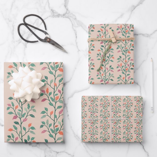 Elegant Botanical Leaf Stripe Pattern on Blush Wrapping Paper Sheet (Front)