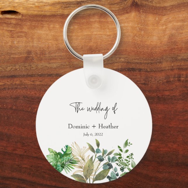 Elegant Botanical Leaf Wedding Invitation Key Ring (Front)