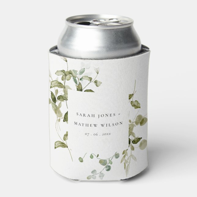Elegant Botanical Leafy Foliage Watercolor Wedding Can Cooler (Can Front)