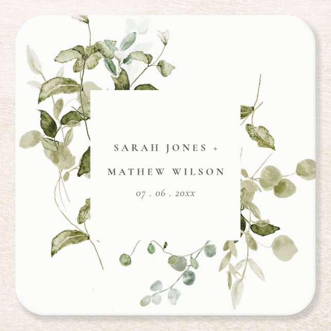 Elegant Botanical Leafy Foliage Watercolor Wedding Square Paper Coaster (Front)