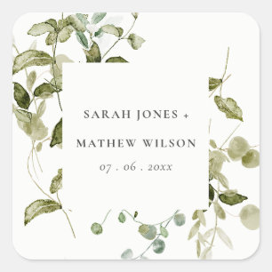 Elegant Botanical Leafy Foliage Watercolor Wedding Square Sticker