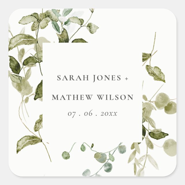 Elegant Botanical Leafy Foliage Watercolor Wedding Square Sticker (Front)
